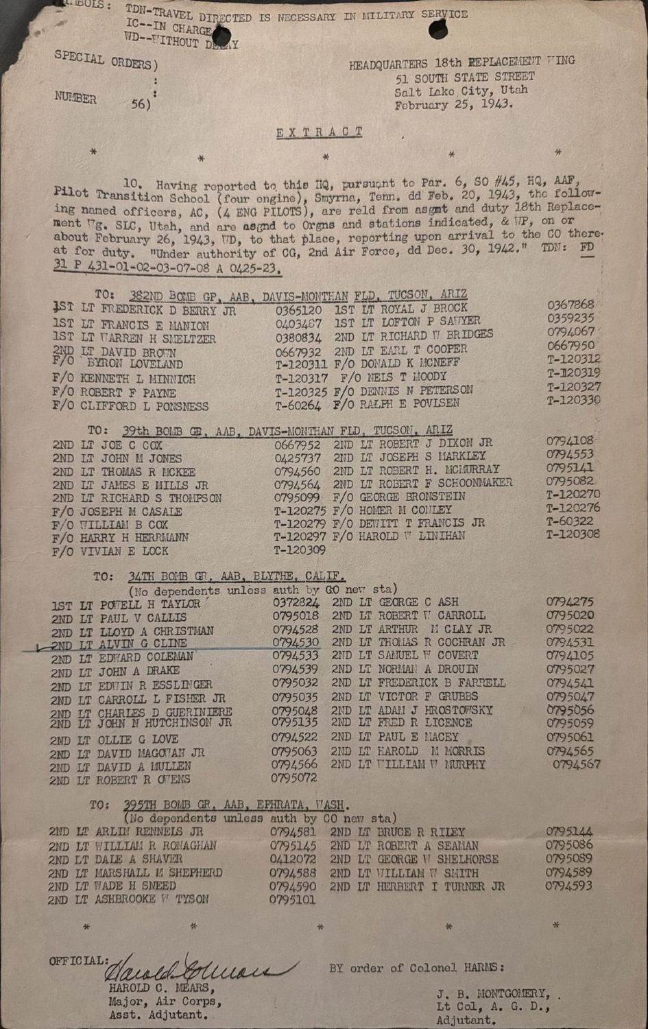 Page 1 of Special Orders 56, 18th Replacement Wing, scanned