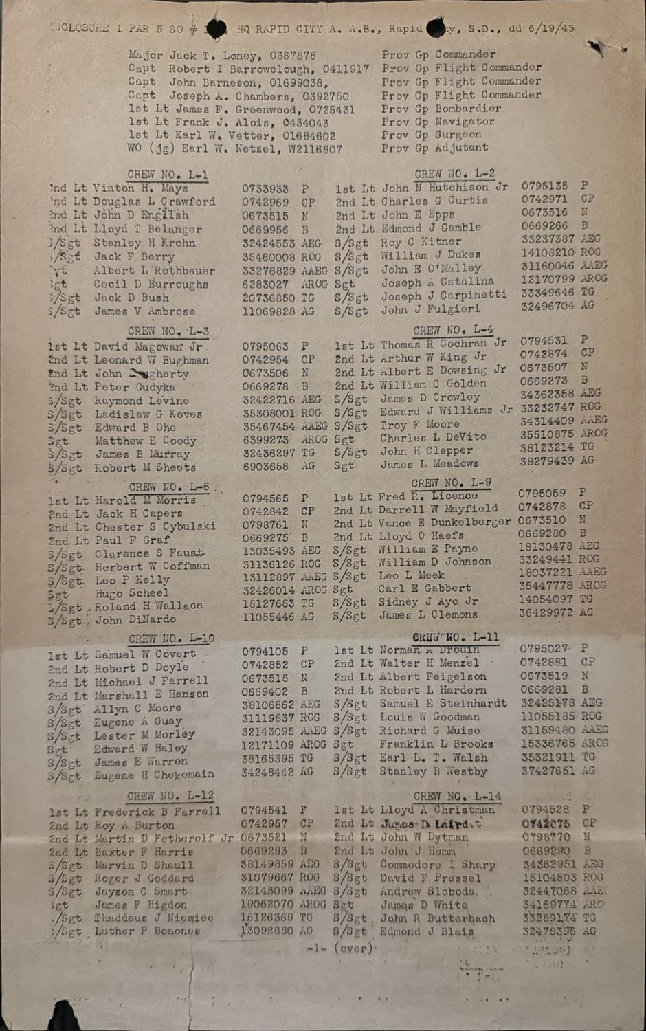 Page 2 of Special Orders 167, Rapid City Army Air Base, scanned