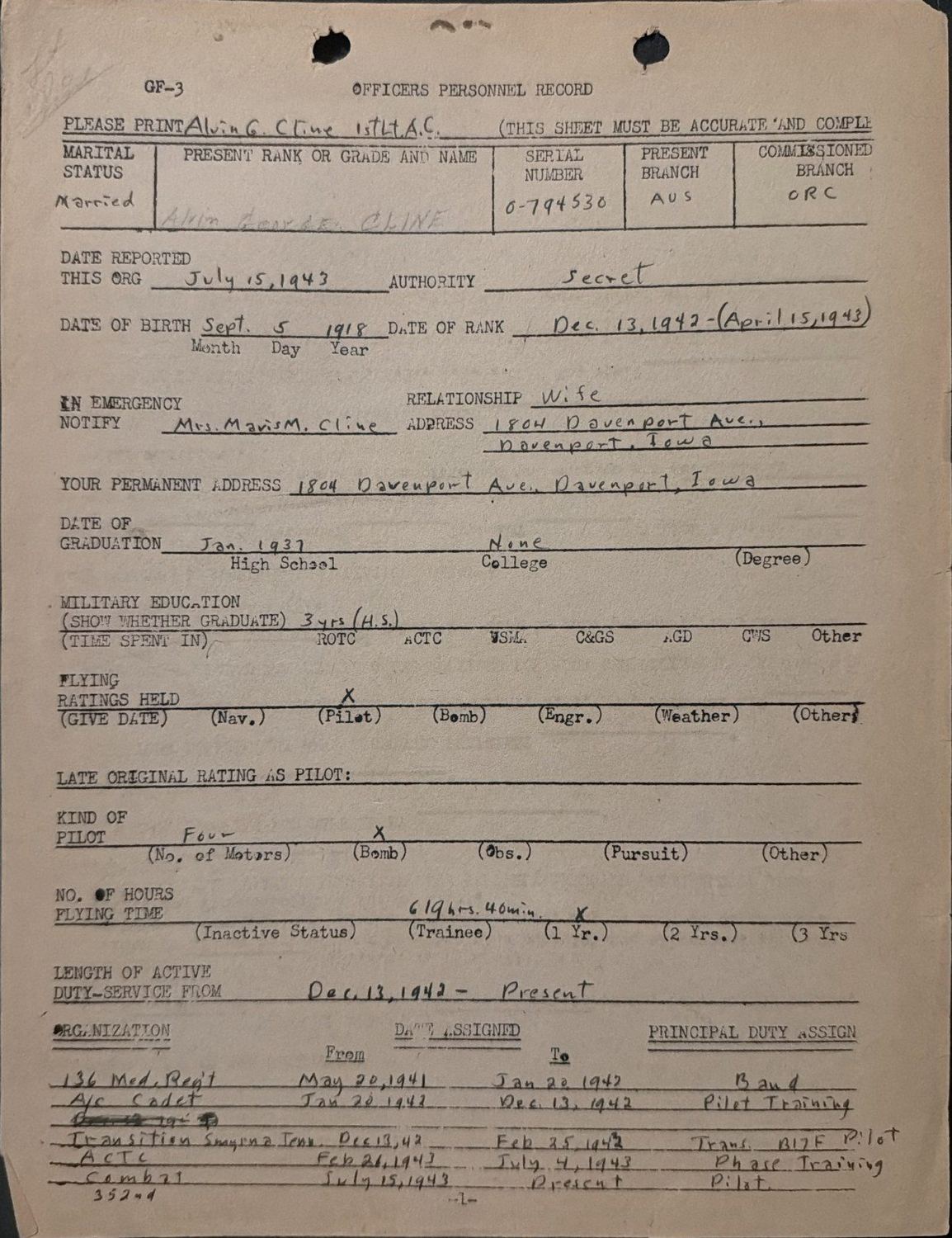 Page 1 of Officer personnel record, scanned