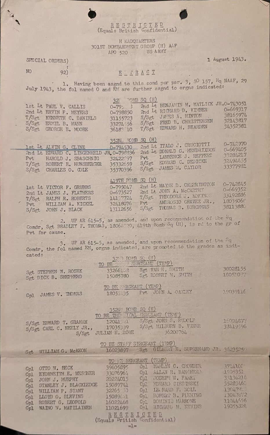Page 1 of Special Orders 92, 301st Bombardment Group, scanned
