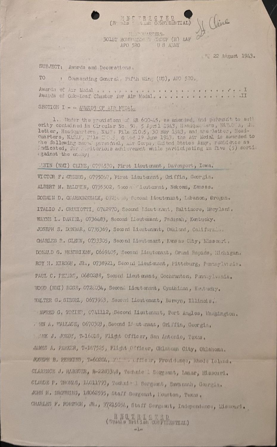 Page 1 of 301st Bombardment Group — 22 August 1943, scanned
