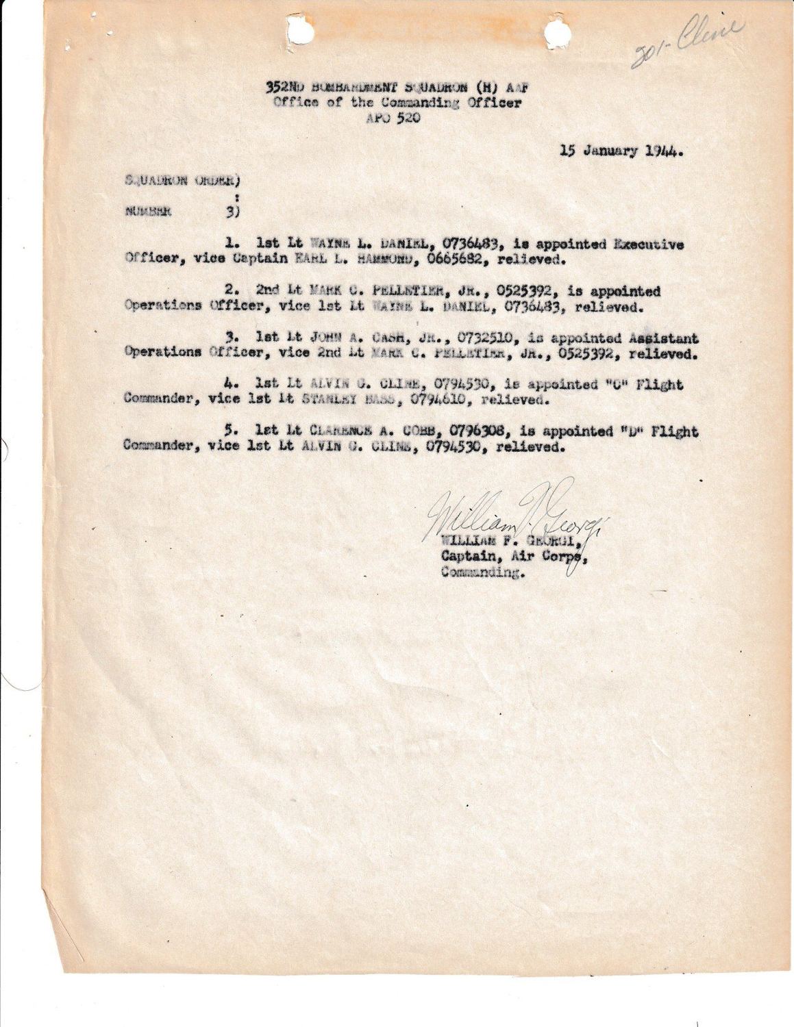 Page 1 of Squadron Order 3 — “C” Flight Commander, scanned