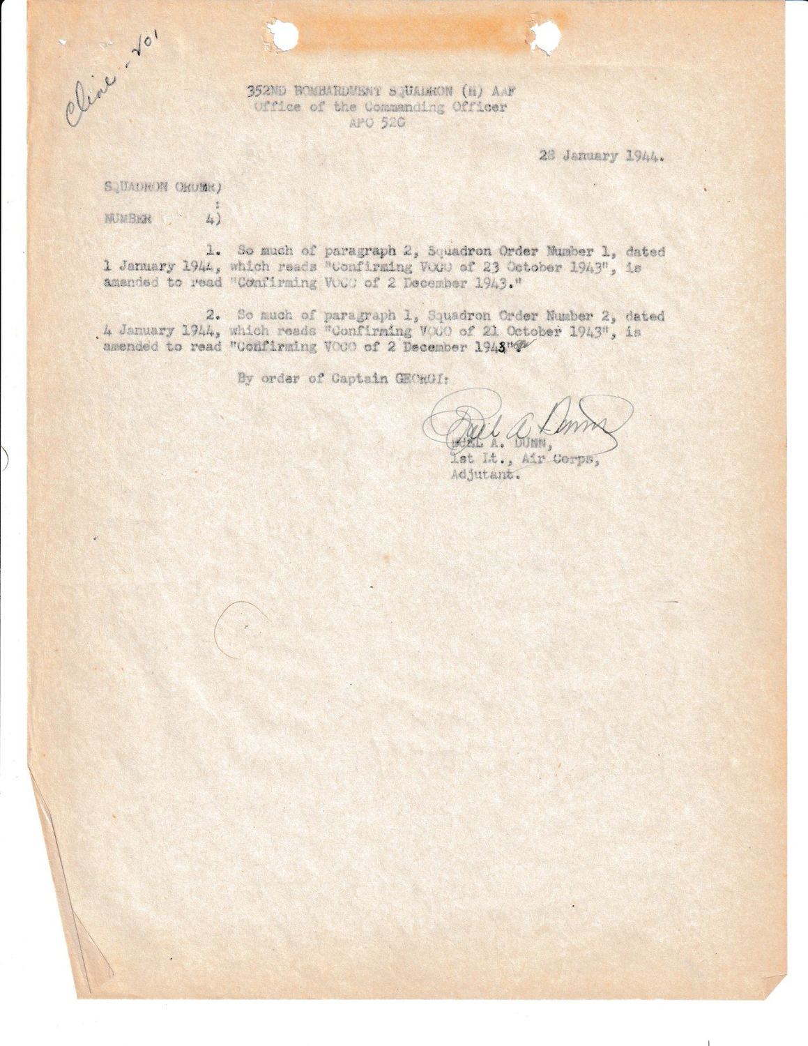 Page 1 of Squadron Order — 28 January 1944, scanned