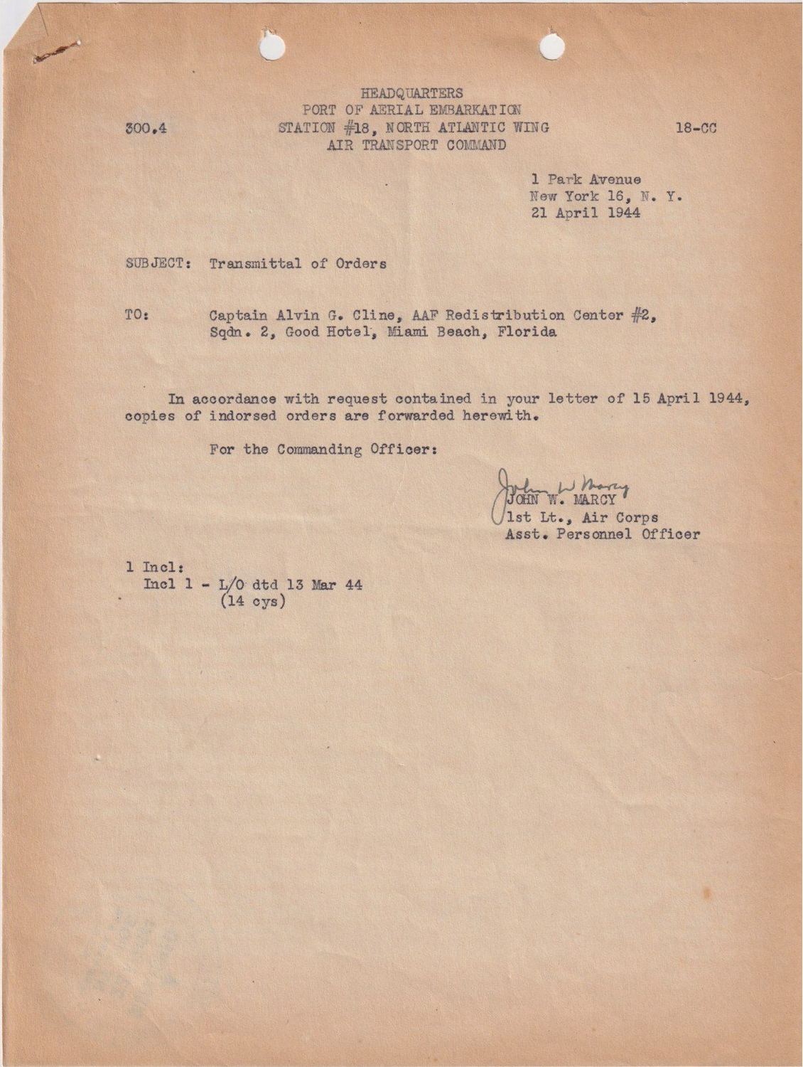 Page 1 of Transmittal of orders, scanned