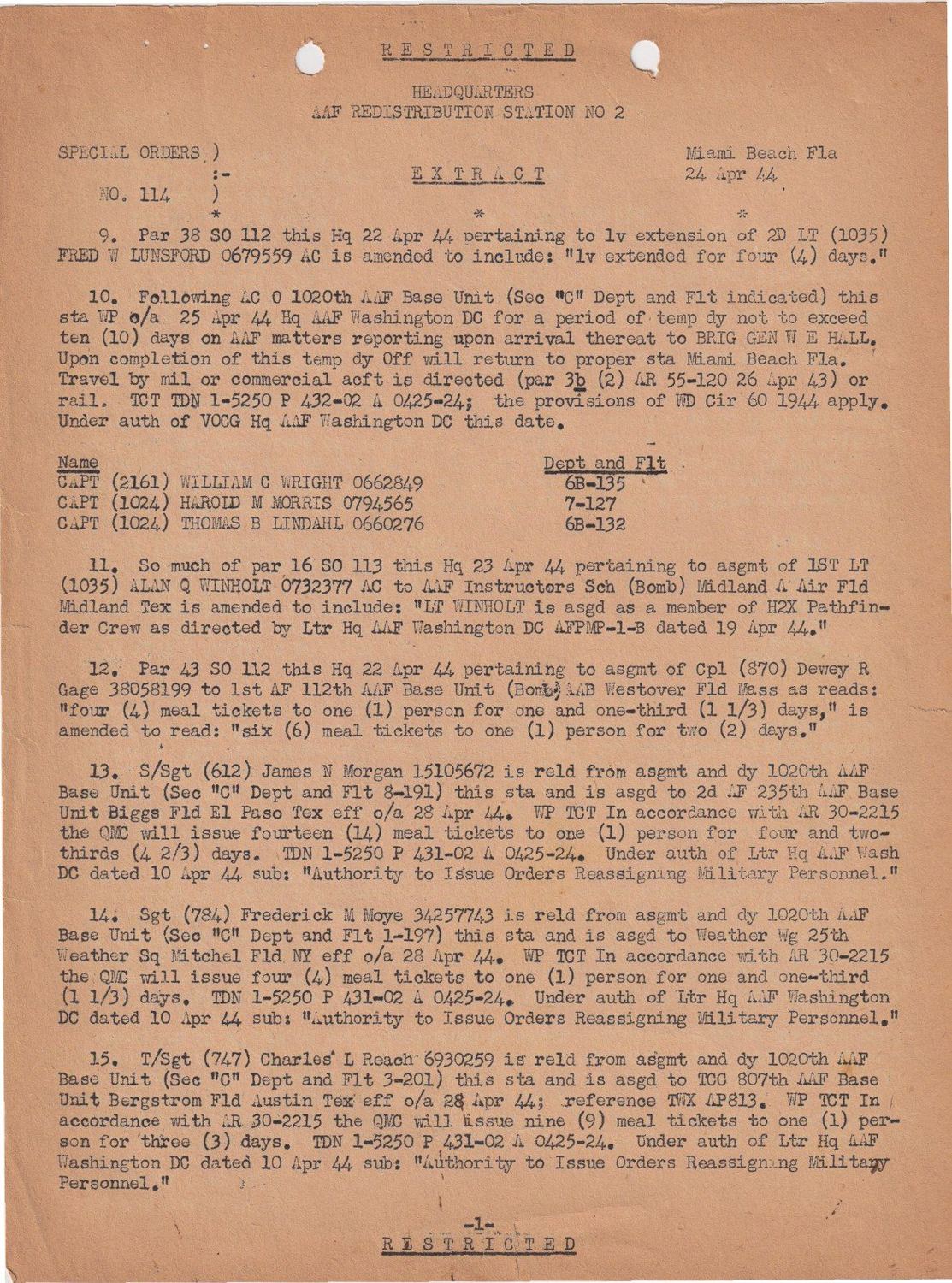Page 1 of Special Orders 114 — to the AAF Tactical Center, scanned