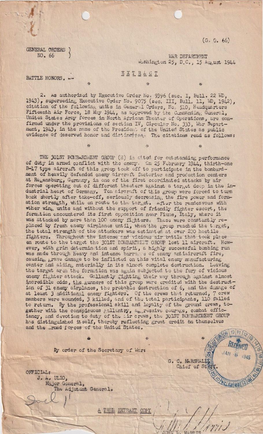 Page 1 of General Orders 66 — battle honors, scanned