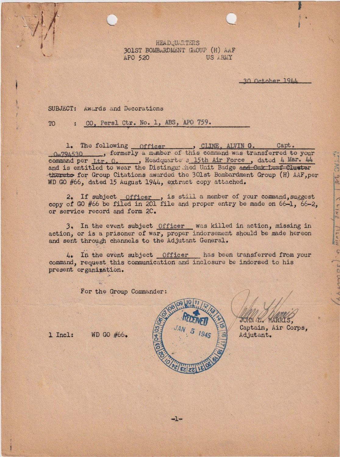 Page 1 of Awards — Distinguished Unit Badge, scanned
