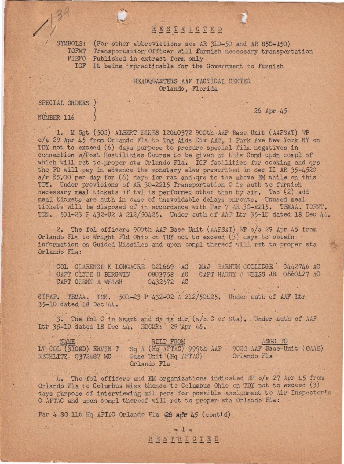 Page 1 of Special Orders 116, scanned