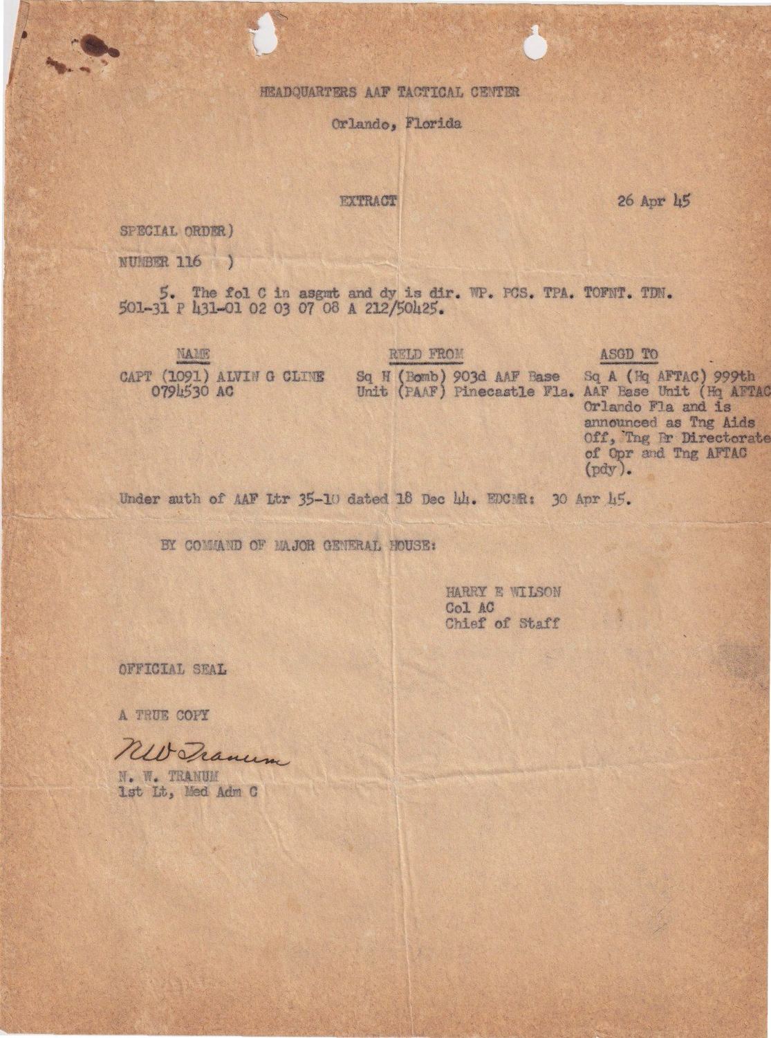 Page 1 of Special Orders 116 — Training Aids Officer, scanned