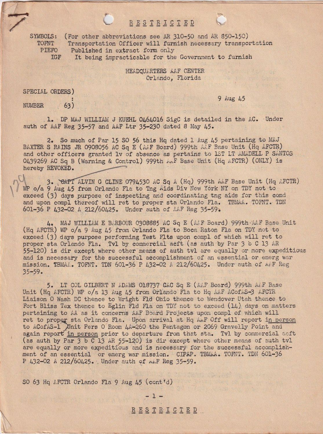 Page 1 of Special Orders 63 — temporary duty, New York, scanned