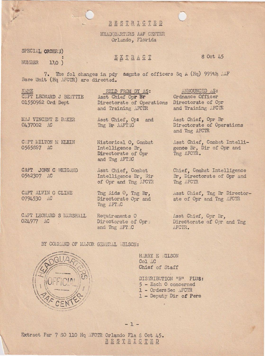 Page 1 of Special Orders 110 — Assistant Chief, Training Branch, scanned