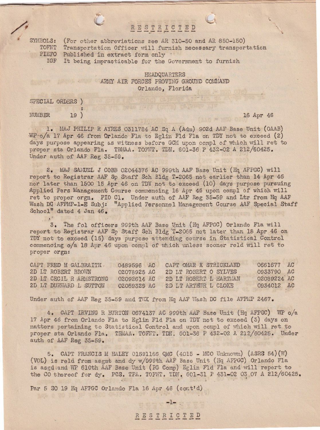 Page 1 of Special Orders 19, scanned