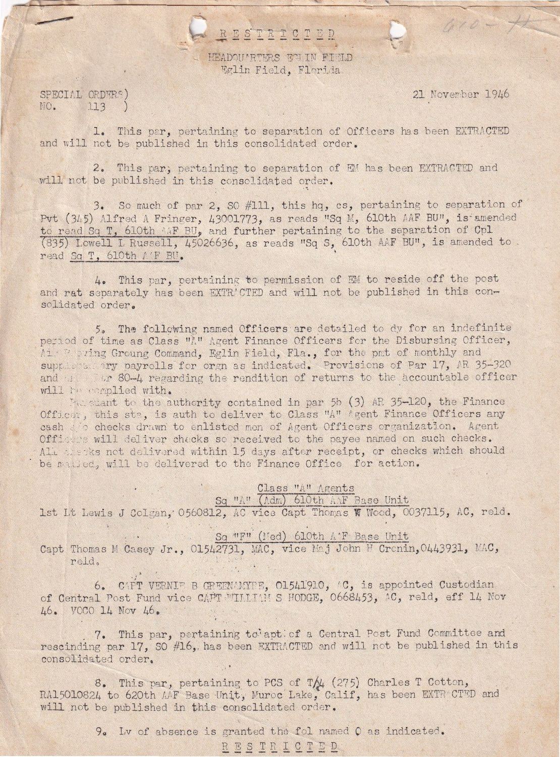 Page 1 of Special Orders 113, Eglin Field, scanned